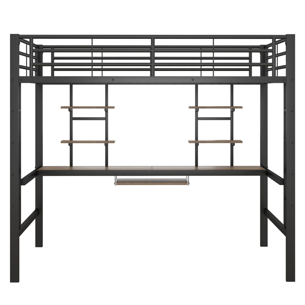 Letto a soppalco in metallo con scrivania e due scaffali, 140x200 cm, nero