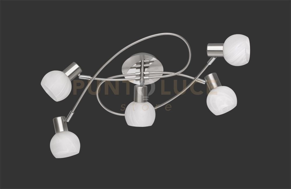 ANTIBES PLAFONIERA GIRANDOLA 5 SPOTS ACCIAIO COLORE CROMO ATTACCO  E14 DIFFUSORE IN VETRO D. 52CM