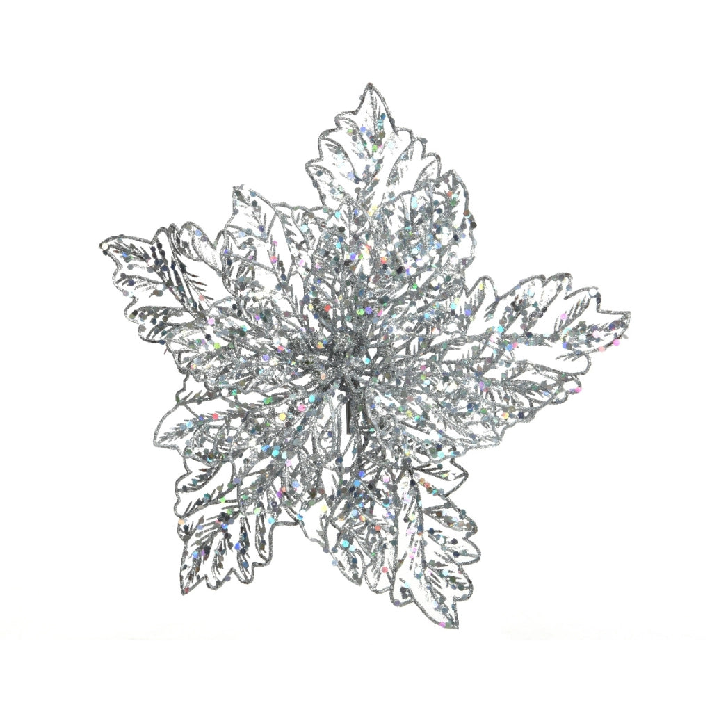Poinsette glitter argento 10 cm