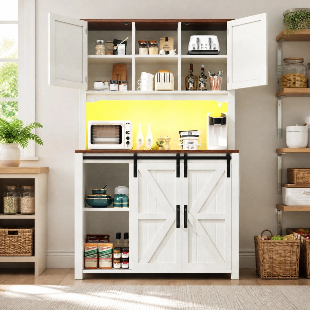 Credenza da cucina alta con ante scorrevoli e LED, struttura in MDF e metallo, bianca, 115 × 40 × 174,7 cm