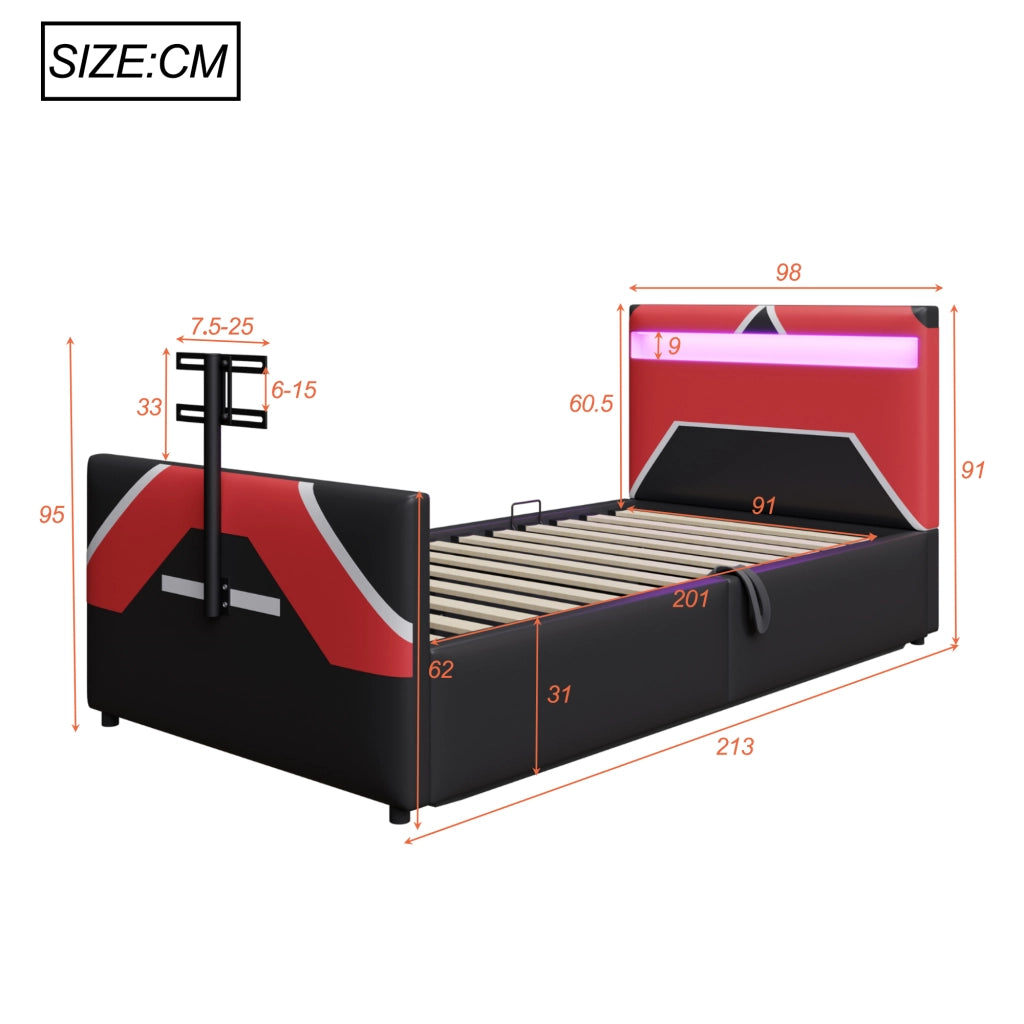 Letto imbottito nero con illuminazione led a cambio colore stoccaggio idraulico supporto tv 90x200 cm