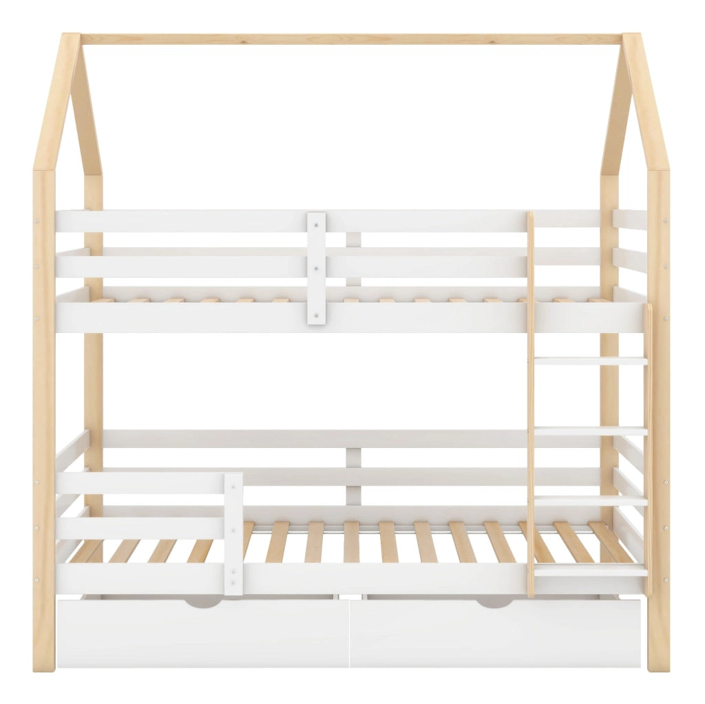Letto per bambini a casetta 90x200 cm in legno di pino; bianco e rovere; con cassetti e rete a doghe