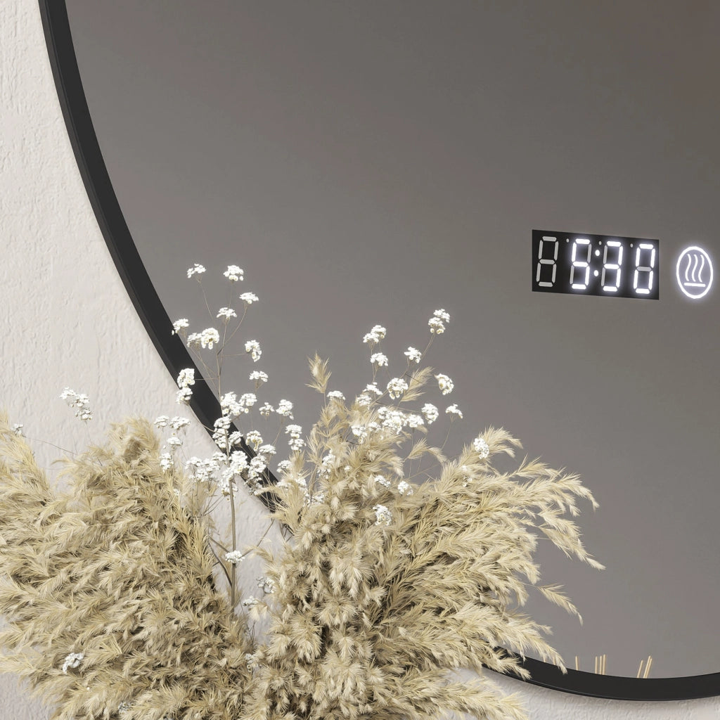 Specchio Bagno con Luce LED a 3 Tonalità Ø70 cm Antiappannamento e Display Tempo e Temperatura Nero