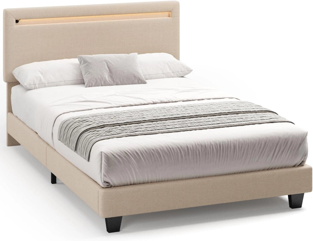 Letto imbottito 120x200cm con luce LED, Letto a piattaforma imbottito, Struttura in ferro, Testiera imbottita, Bse robusta, Adatto per camere degli ospiti (Beige)