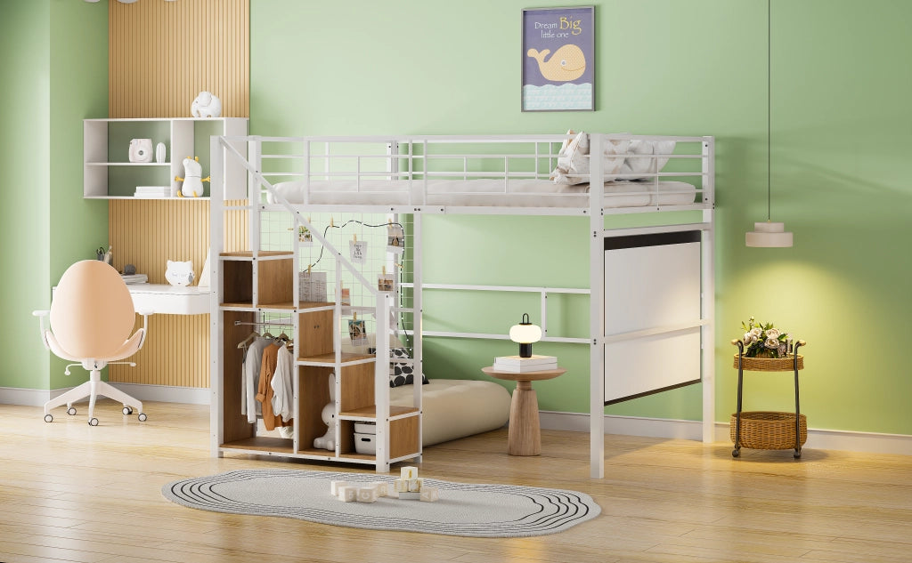 DESMIU Letto a soppalco 2 posti con contenitore, scala a griglia e appendiabiti, 140 × 200 cm, senza materasso
