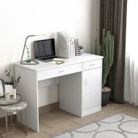 Scrivania Moderna per PC e Computer con 2 Cassetti e 1 Armadietto, Scrivania con Libreria Salvaspazio per Ufficio o Camera in Legno, Bianco