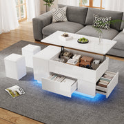 OKWISH Tavolino da Salotto Alzabile con 2 Cassetti, LED, Vano Nascosto e 2 Sgabelli, Bianco, 100 x 50 x 45 cm