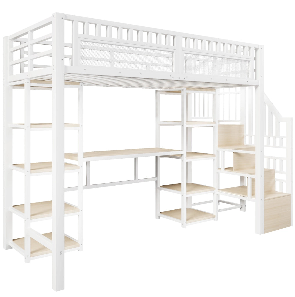 Letto a castello 90x200 cm in metallo e MDF con scrivania; ripiani; LED e USB; bianco