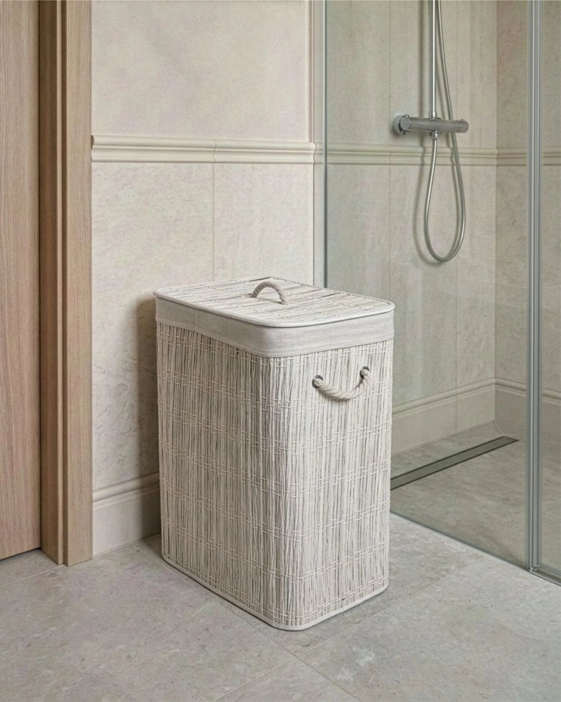 Cesto portabiancheria in tessuto bianco con coperchio e sacchetto interno rimovibile pieghevole per il bagno fatto a mano 72 l