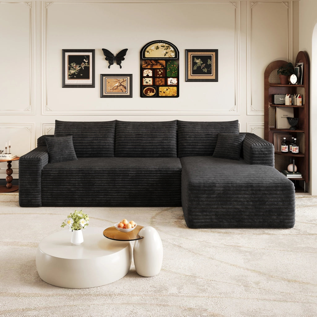 Divano angolare in tessuto a coste con seduta profonda e montaggio rapido per soggiorno nero 241 × 151 × 58 cm