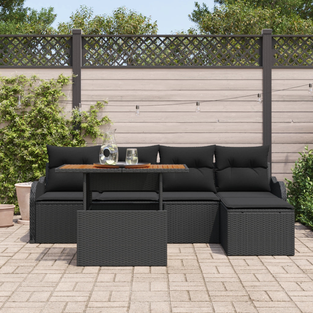 Set Divano Giardino da 6 Pezzi con Cuscini in Rattan Polyrattan Nero e Acciaio