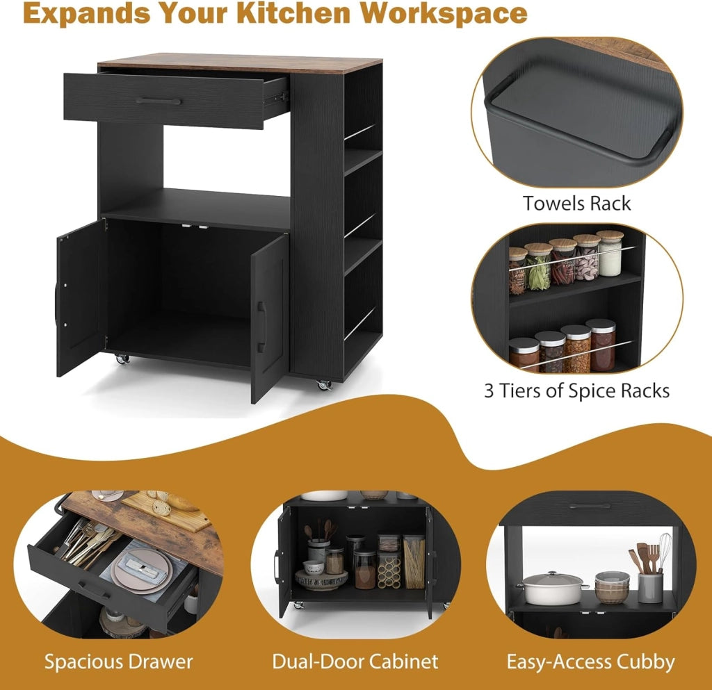 Carrello da cucina su ruote, isola da cucina con stazione di ricarica e piano di lavoro, carrello da portata mobile con cassetto, portaspezie, porta asciugamani, armadio da cucina 75 x 46 x