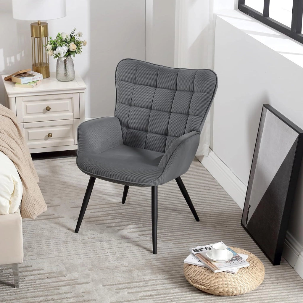 Poltrona Relax ad Ala, Poltrona Salotto Braccioli Alti, Sedia Poltrona per Camera da Letto, Soggiorno, Sedile in Velluto a Coste, Gambe in Metallo, Motivi a Quadri, Grigio Scuro, SKS31dgr