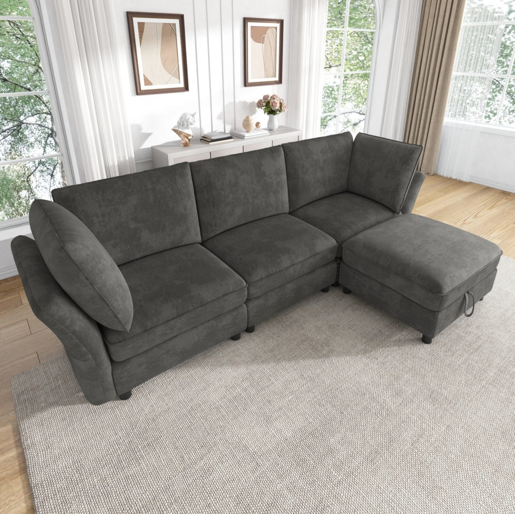 Divano modulare angolare a L con pouf contenitore; 225x137x84 cm; in chenille grigio