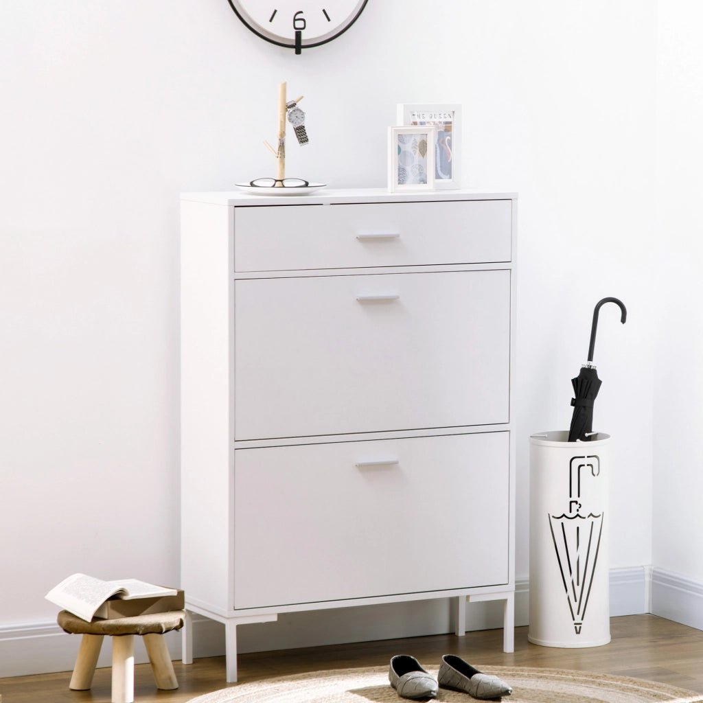 Mobile Scarpiera Moderno con 2 Ante a Ribalta e Cassetto ¨C zephmum ¨C Bianco 76x26x110 cm