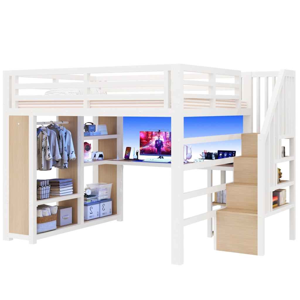 Letto a Soppalco 160x200 cm; Letto Matrimoniale - Scrivania; LED; USB; Armadio e Scala