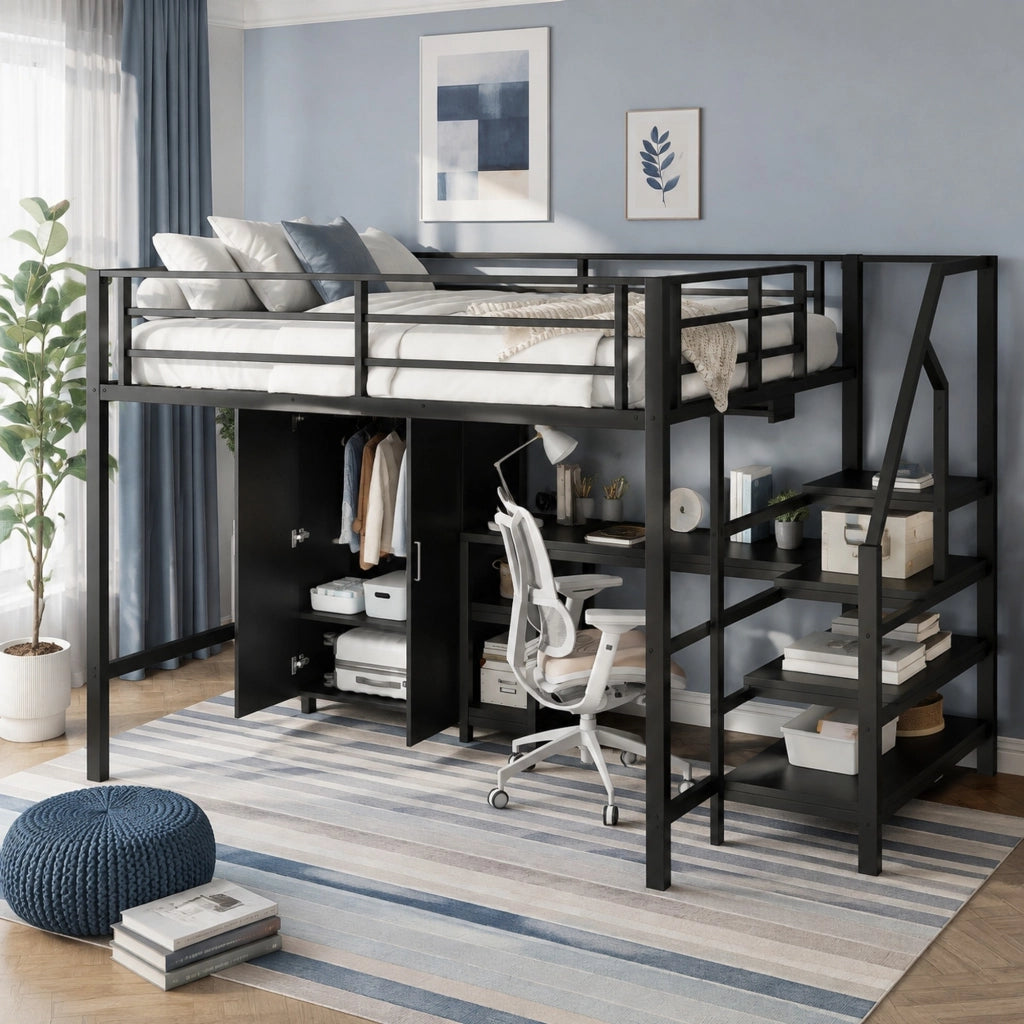 Letto a soppalco 140x200 cm nero con scrivania, armadio, mensole e scala contenitore