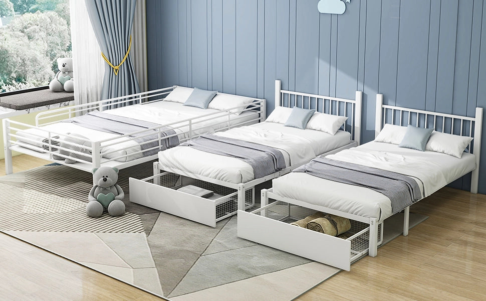 DESMIU Letto a castello 3 posti 140 × 200 cm e 2 × 90 × 200 cm con 2 cassetti, senza materasso, in metallo, bianco