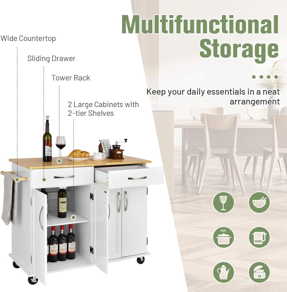 Carrello da cucina con piano di lavoro in legno di gomma con 2 armadi e ripiani regolabili, 2 cassetti grandi, portasciugamani laterali, armadio con ruote, 122 x 48 x 92,5 cm (bianco)