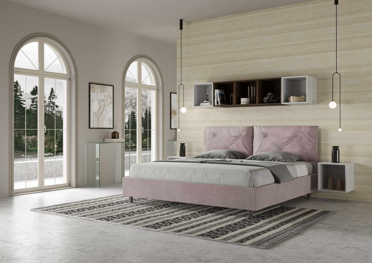 Letto Matrimoniale King Size 200x200 cm con Rete Imbottito in Microfibra Appia Large Glicine
