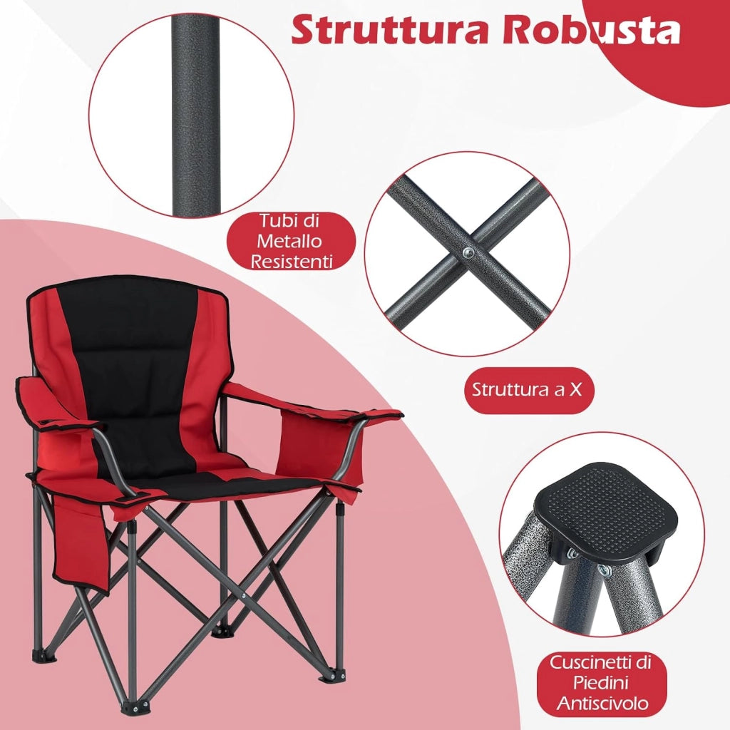 Sedia da Campeggio Pieghevole, Sedia da Esterno con Tasca Refrigerante, Portabicchiere, Tasca Laterale e Borsa, Sedia Portatile per Picnic, Escursioni e Pesca, Portata 150 kg (Rosso)