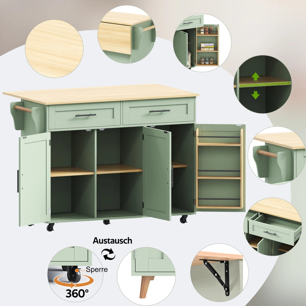 CARRELLO CUCINA ALLUNGABILE 129x71x91,5 cm Verde Antico MDF con ruote e piedi