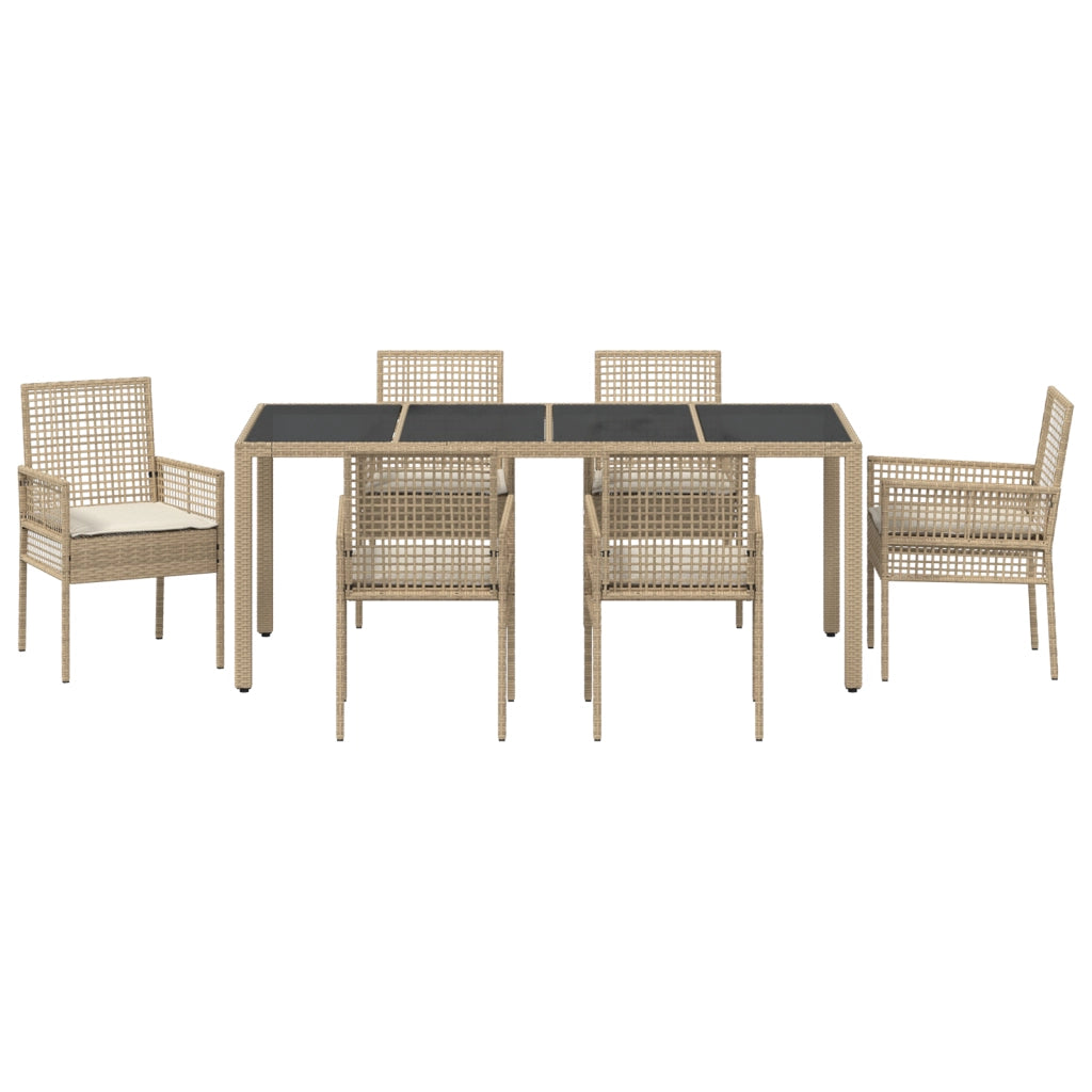 Set da pranzo da giardino 7 pezzi con cuscini beige in polyrattan