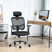 Sedia da Ufficio Ergonomica con Seduta Regolabile e Poggiatesta, in Poliestere e Acciaio, 63x62x106-114 cm, Nero