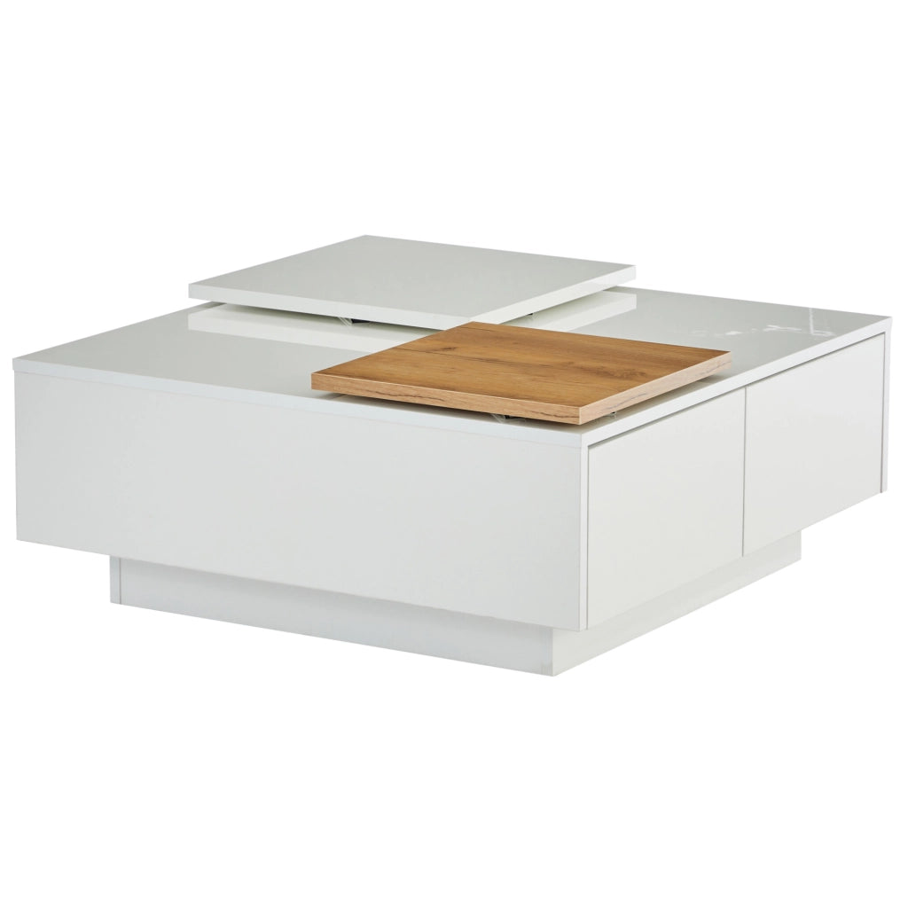 Tavolino da caffè 75x75x33.5 cm con 4 cassetti nascosti; piano lucido in pannello truciolare bianco