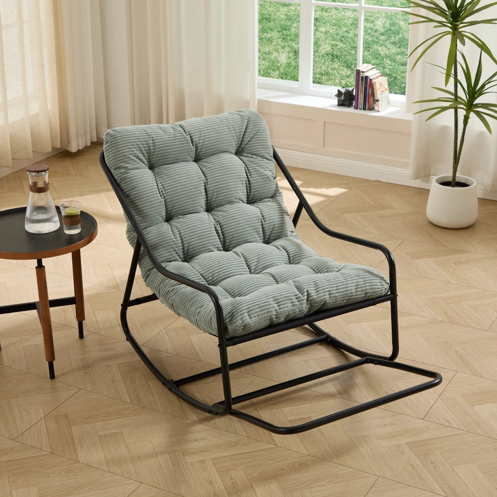 Sedia a Dondolo da Giardino Regolabile con Cuscino Spesso e Poggiapiedi Struttura in Acciaio Verde Chiaro 75 × 116 × 82 cm