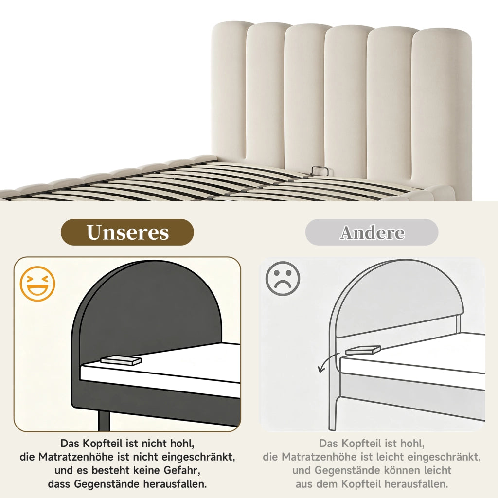 Letto imbottito con contenitore idraulico, 140x190 cm, velluto beige