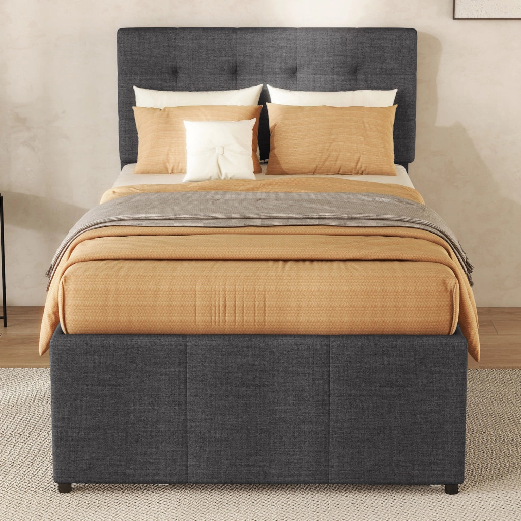 Letto imbottito 90x200 cm con letto estraibile; cassetti; legno; grigio (Senza materasso)