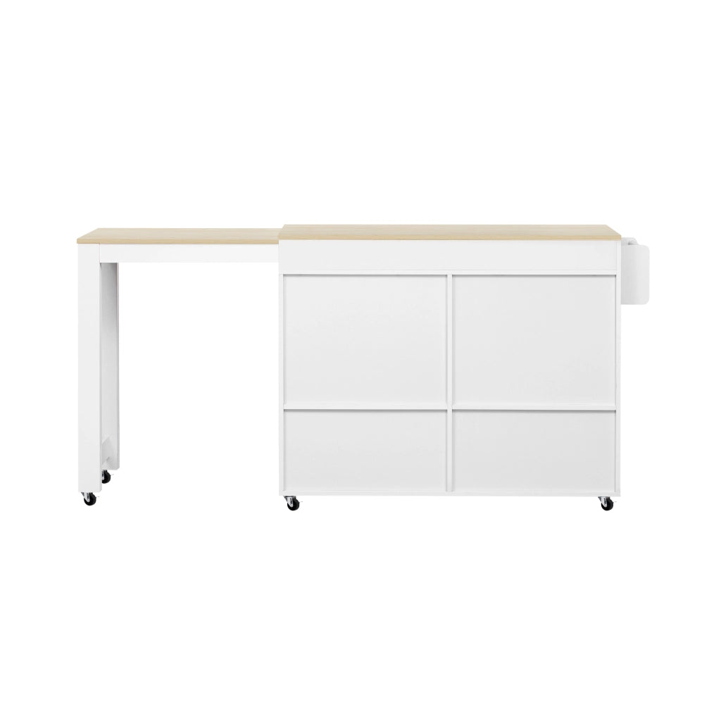 Carrello da Cucina con Cassetti e Piano Estensibile con Ruote per Cucina e Sala da Pranzo in MDF 112-180.5x45x92.2 cm Bianco e Naturale