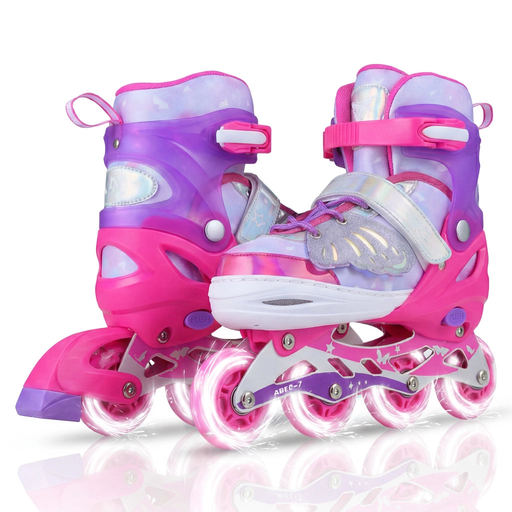 Pattini in linea per bambini con ruote luminose, Pattino a rotella per principiante misura regolabile professionale sport Rosa L