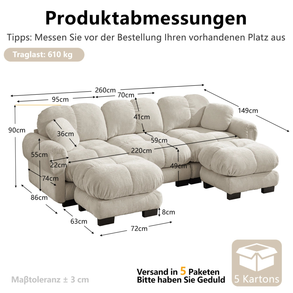 Divano modulare a U 3 posti con ottomana mobile 260x149x90 cm in chenille kaki chiaro