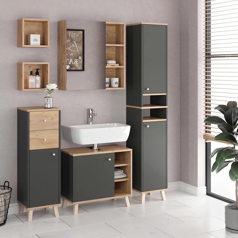 Mobile sottolavabo per bagno Senyo, Antracite, 60 x 54 cm, adatto al montaggio a parete e combinabile con mobili Senyo