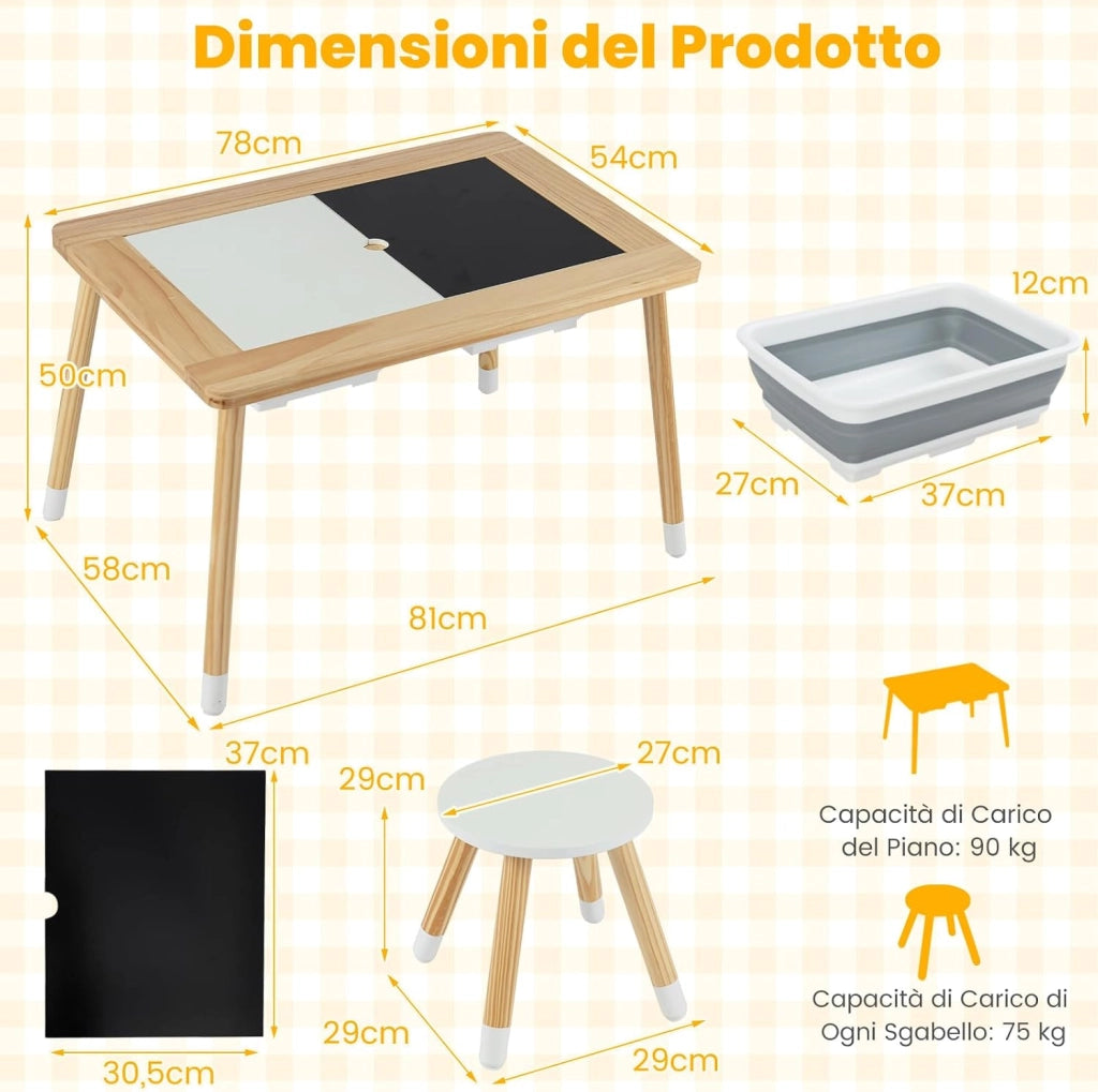 Set Tavolo con 2 Sedie per Bambini 3+ Anni, Tavolo e Sedie con Piano Doppio Lato Rimuovibile e 2 Contenitori, Gambe Robuste in Legno, Tavolo Attività per Gioco e Disegno (con Sedie Rotonde)