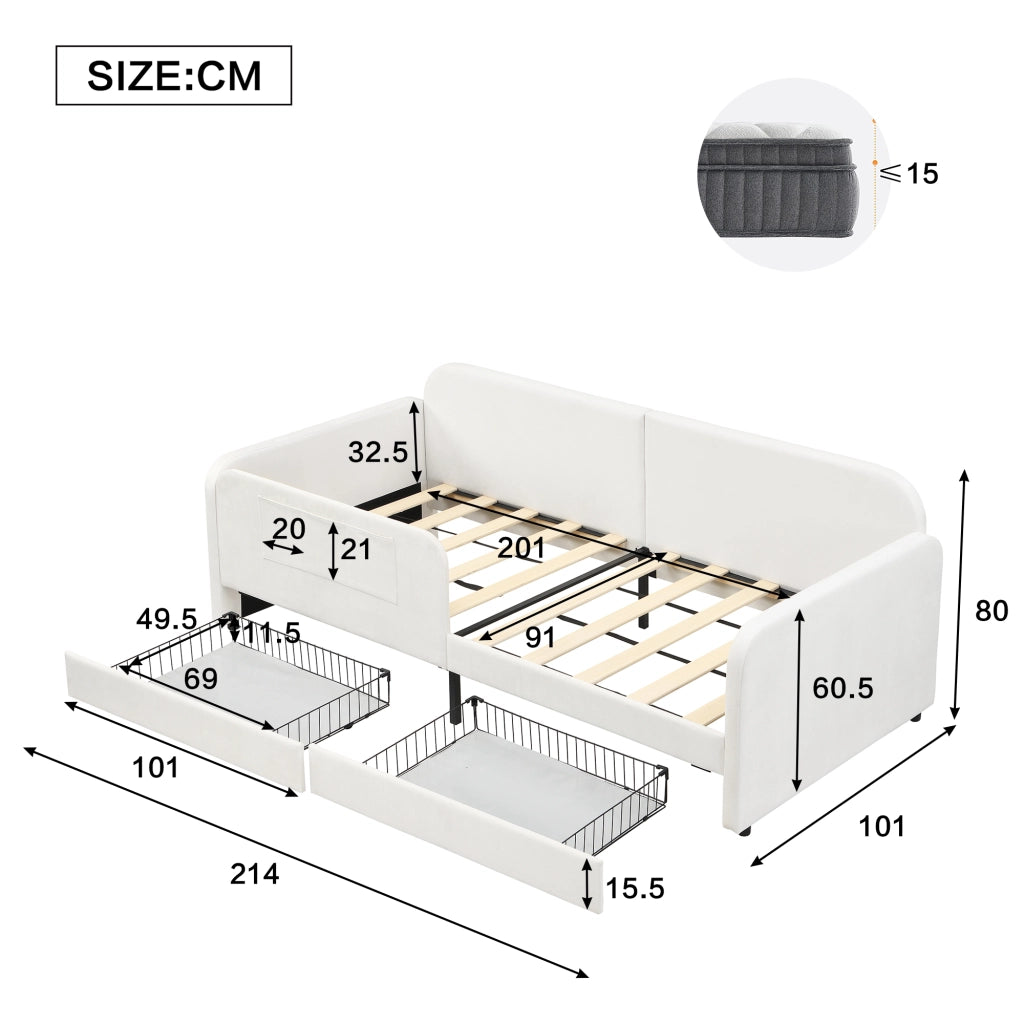 Letto a Divanetto 90x200 cm; Letto Singolo - 2 Cassetti e 3 Tasche - Velluto Bianco