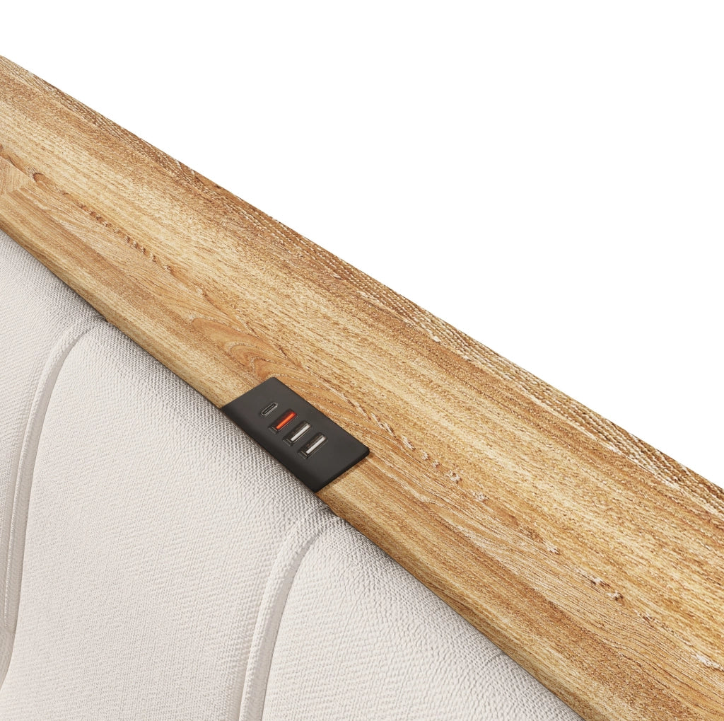 Letto matrimoniale imbottito 140x200 cm con contenitore idraulico; LED; USB e Type-C; beige in lino