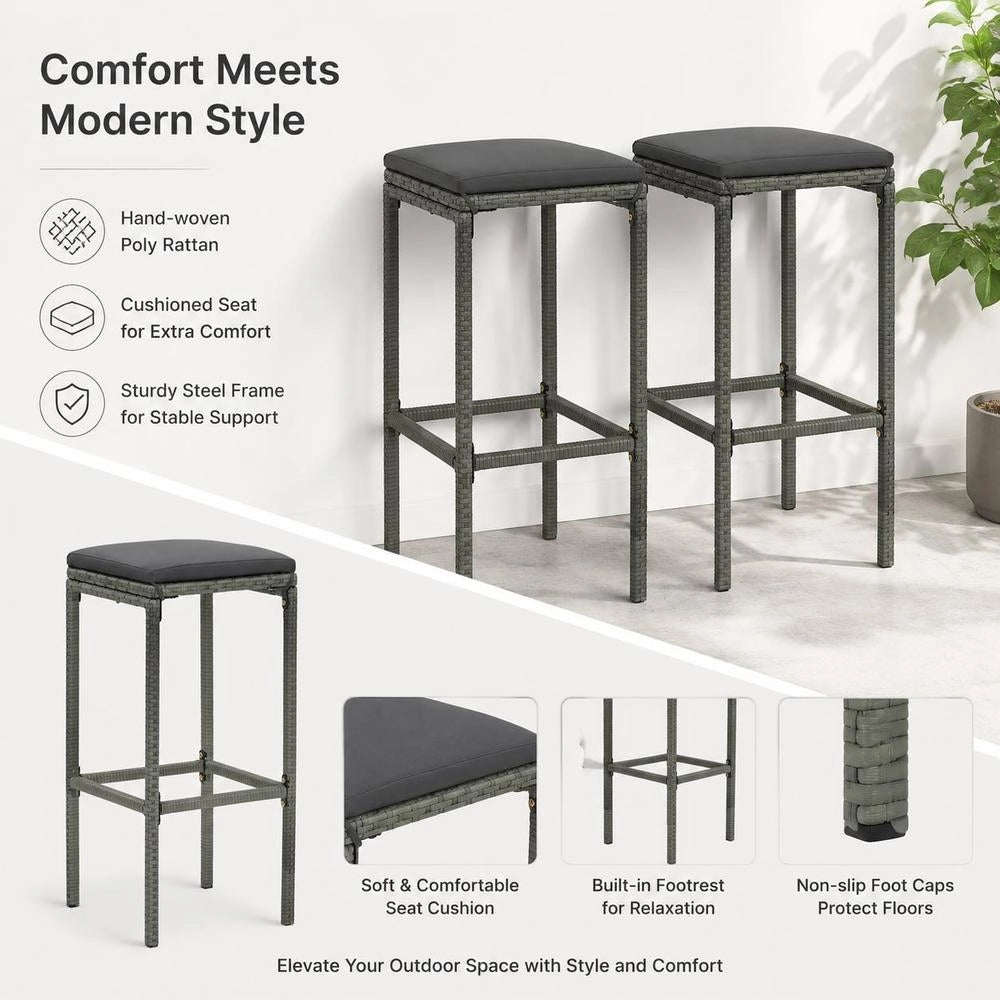 Bar Stools With Cushions, 2 Pieces, Grey Poly Rattan