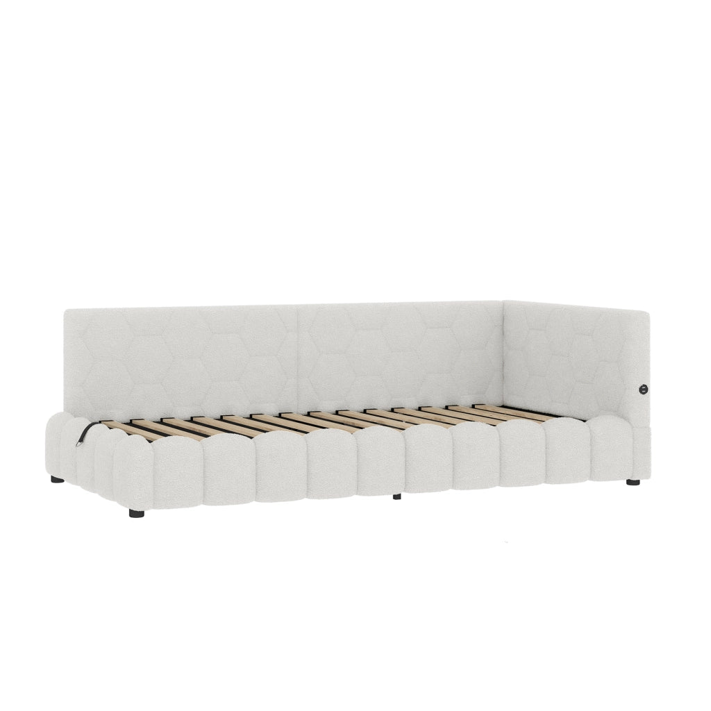 Letto daybed 90x200 cm con rete a doghe, contenitore idraulico, LED, USB e Type-C, senza materasso, bianco