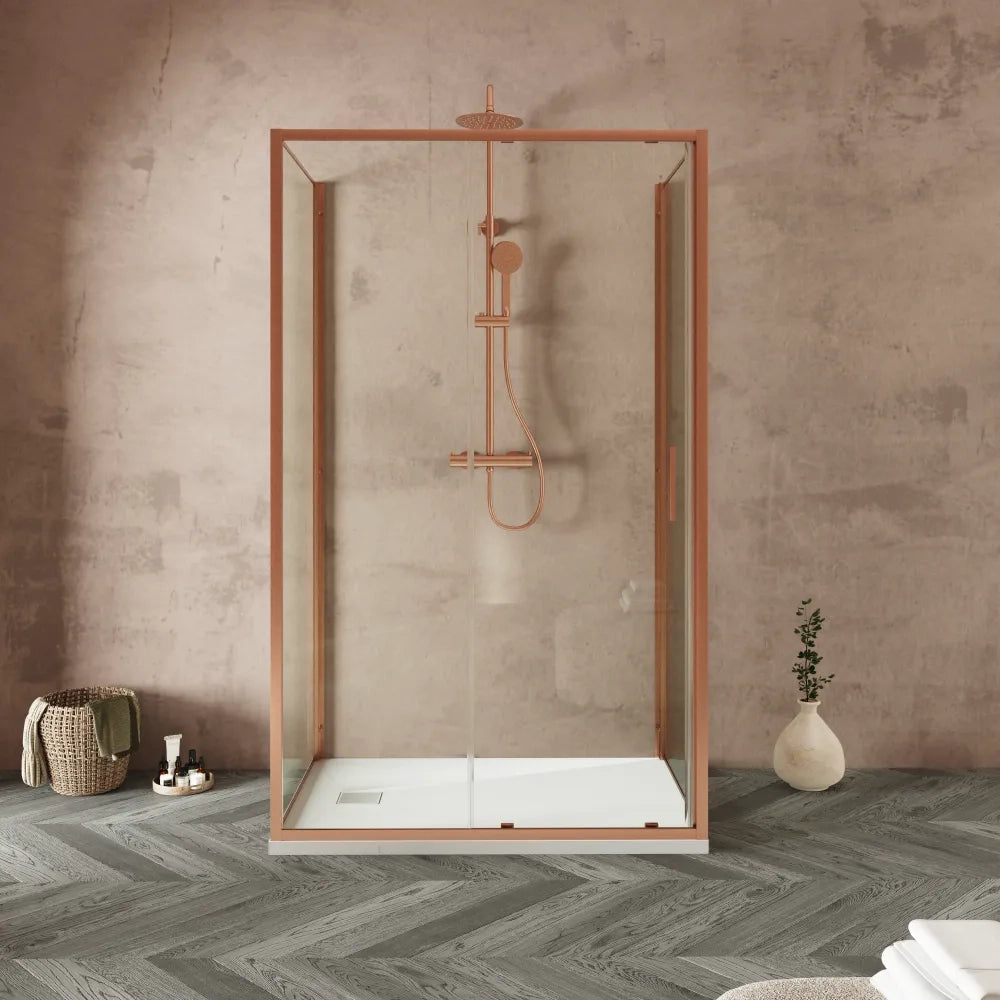 Box doccia tre lati 70x140x70cm con porta scorrevole profili rame spazzolato vetro 6mm trasparente anticalcare h190| Portofino