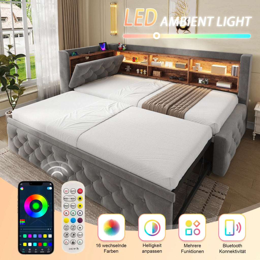 Letto divano singolo 90 × 190 cm estraibile, contenitore, LED, USB e Type-C, senza materasso, grigio