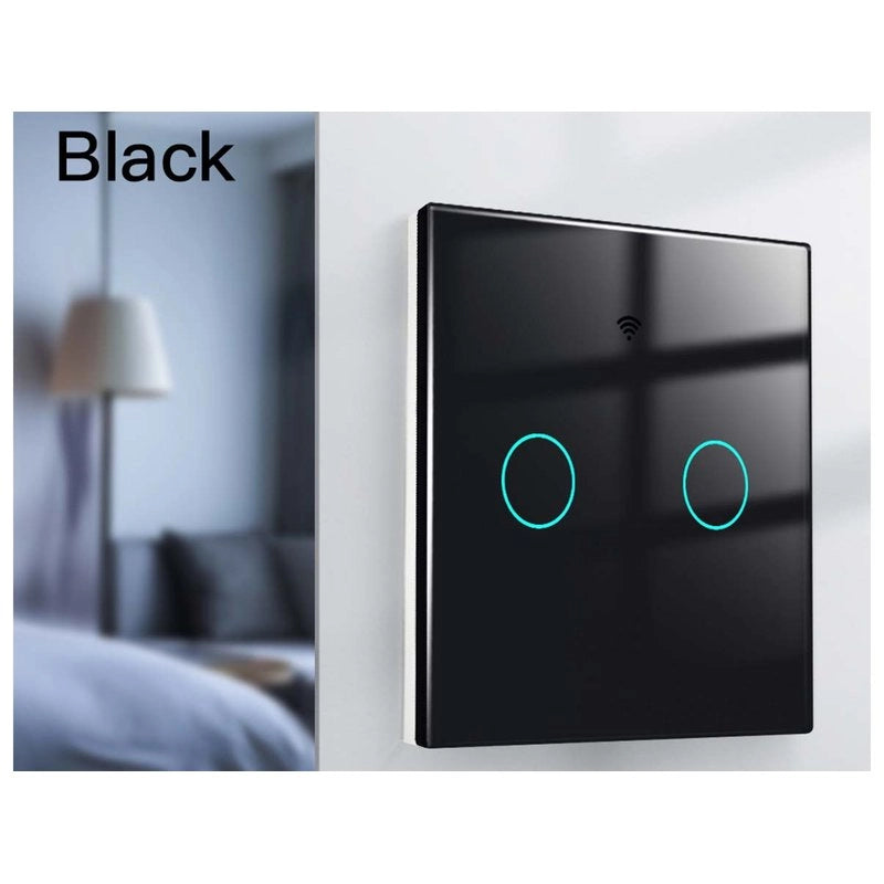 Interruttore Wifi Da Parete 86X86 Pannello Touch 2 Tasti Colore Nero WiFi + RF 433 Compatibile con Amazon Alexa e Google Home