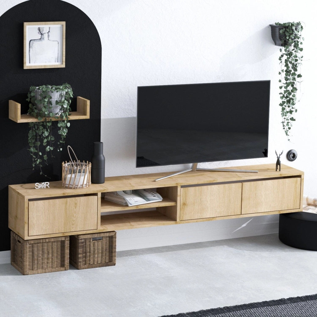 Mobile TV sospeso "Heka" con ripiano in legno - 180 x 30 x 25 cm - Beige