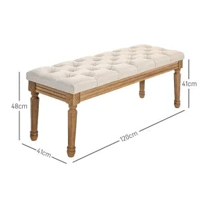 Panca imbottita effetto lino, gambe in legno, 120x41x48 cm, crema, per camera da letto, soggiorno, corridoio