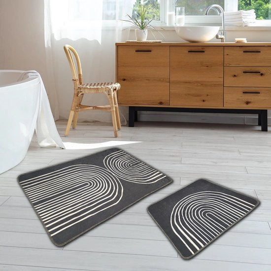 Set di tappeti da bagno 2 pezzi con disegno boho in grigio – antiscivolo, assorbente e stile per la vostra cabina doccia (60 x 100 cm - 50 x 60 cm)