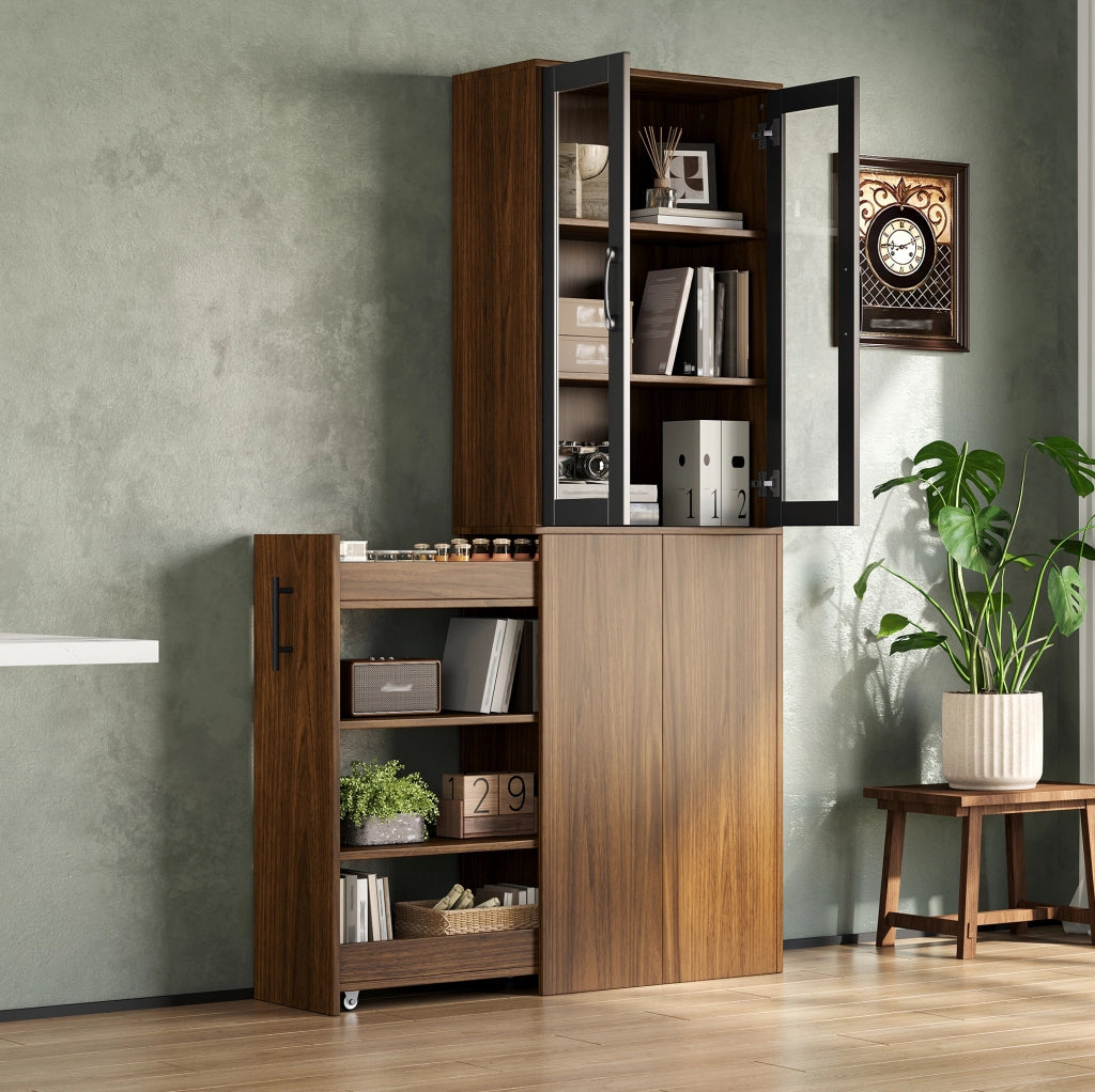 Mobile dispensa sottile da cucina 60x30x180 cm con ante in vetro e carrello estraibile; MDF nero e naturale