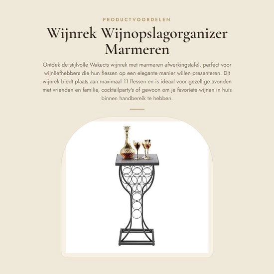 Wijnrek con tavolo in marmo - Organizzatore di conservazione del vino - Mobili in metallo - Per 11 bottiglie - Solido e duraturo - Facile da pulire - Conservazione del vino