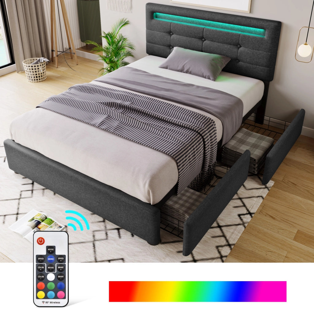 Letto singolo imbottito – 90x200 cm – LED 2 cassetti testiera regolabile – legno grigio